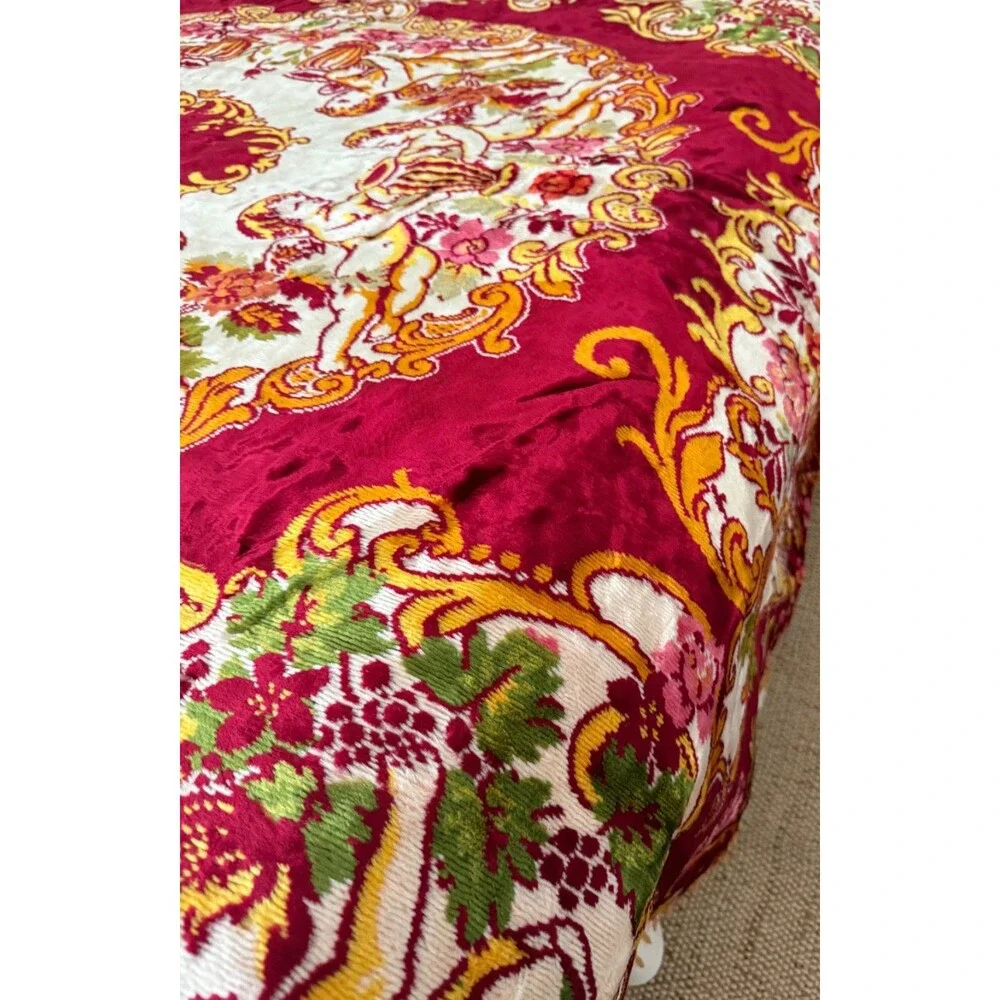 Vtg Velvet Italian Wedding Bedspread QUEEN Cherubs Red Cream 84x96” Fringe MINT